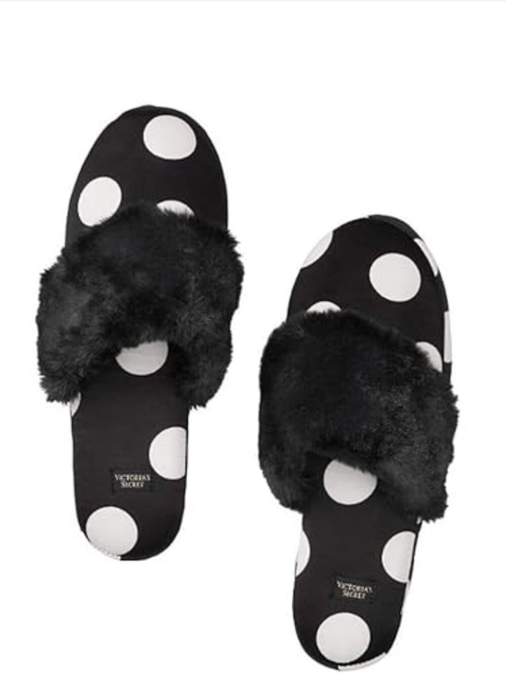 New Victoria's Secret Slippers Small 5 6 Black White Dot Satin Faux Fur